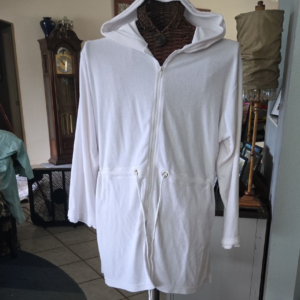 RAPZ White Hooded Terry Robe/Jacket with Drawstring Closure - Picture 7 of 13